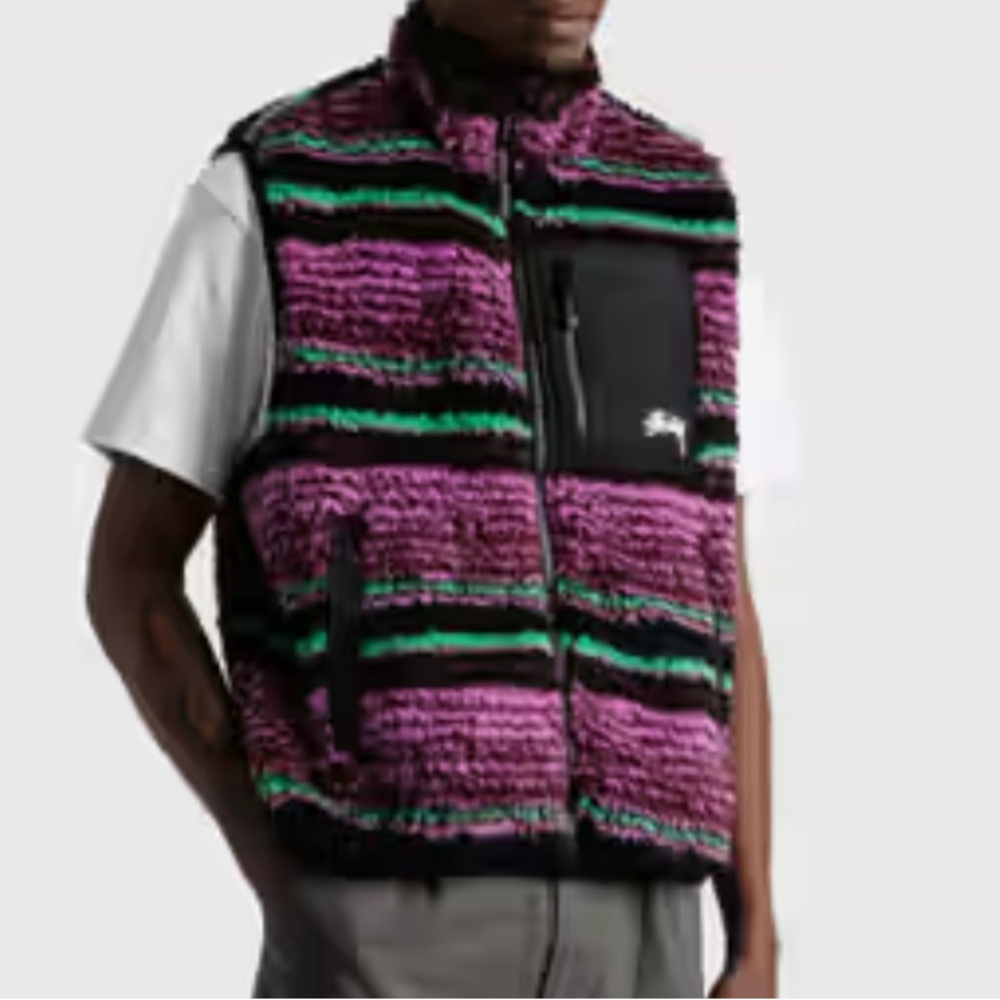 Stussy Purple, Black & Green Striped Sherpa Vest
